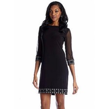 Tiana B Black Sheer Sleeve Embellished Shift Dress Size 6 Goth Vtg