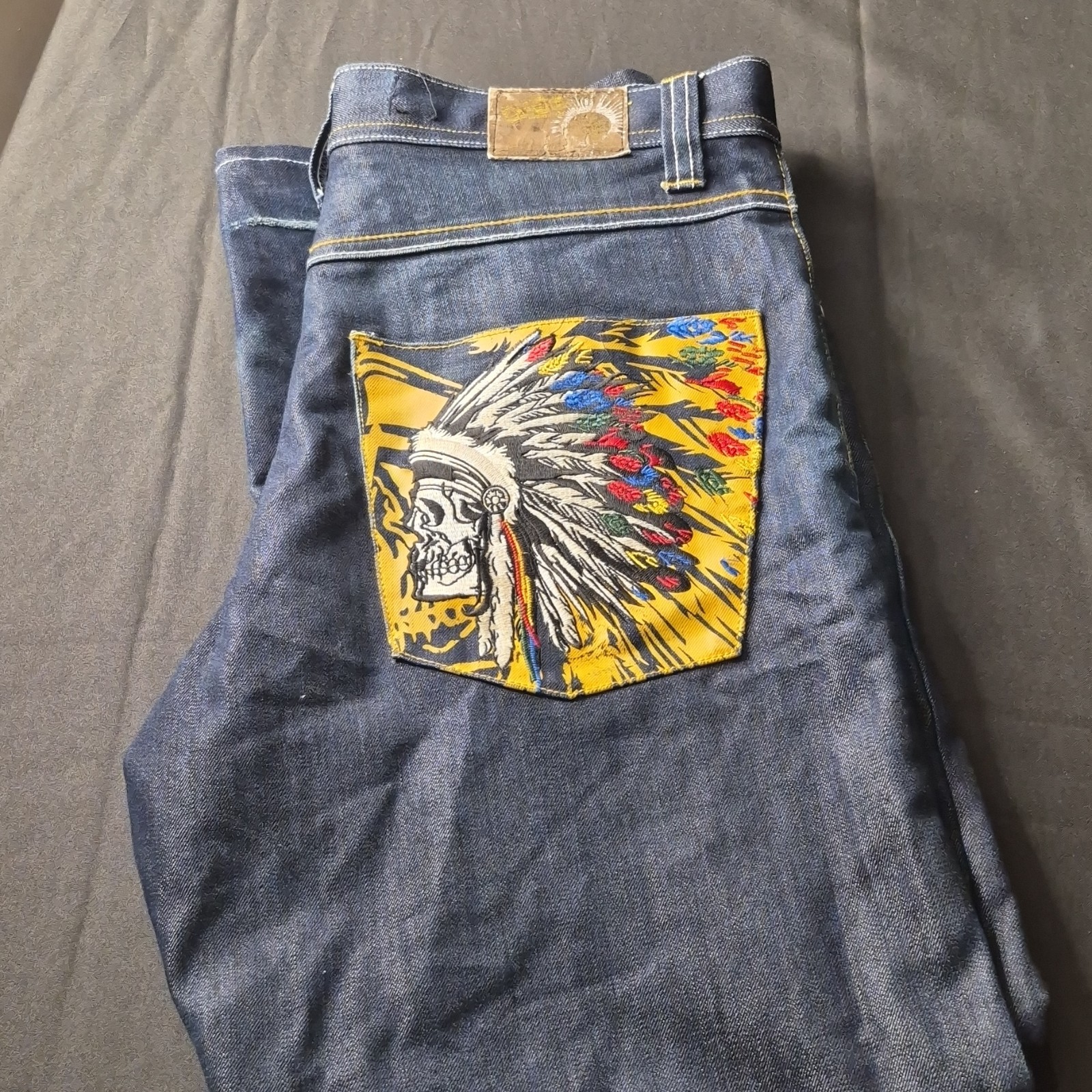 y2k Unlimited Men's Blue Denim Straight Jeans Skull Embroidered 5-Pocket