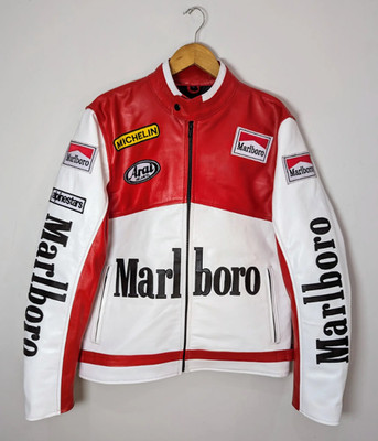 Marlboro - Vintage Style Racing Leather Jacket Motorcycle Biker Moto Red White