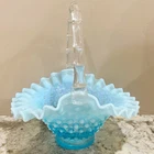 Fenton Art Glass Blue Opalescent Hobnail Ruffle Edge Basket Vintage Collectible