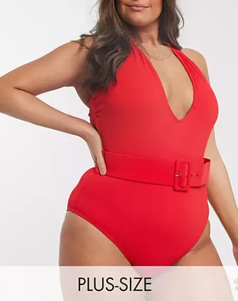 Simply Be Swimsuit Plus Size UK 28 Plunge Halter Padded Sexy Belted Retro - Red