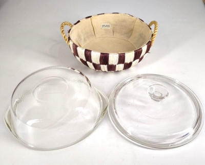 Vtg Glasbake # J514 Clear Glass Casserole Dish w/ Lid Checkered Basket 2 Qt