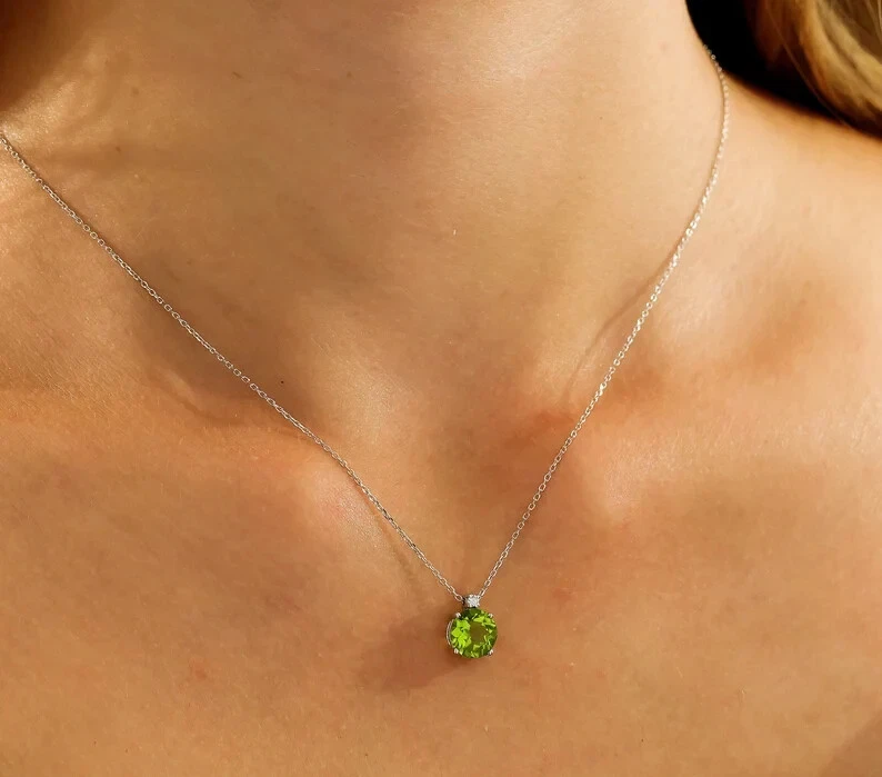 14K Solid White Gold Natural Peridot and Diamond Solitaire Necklace - Image 2 of 2