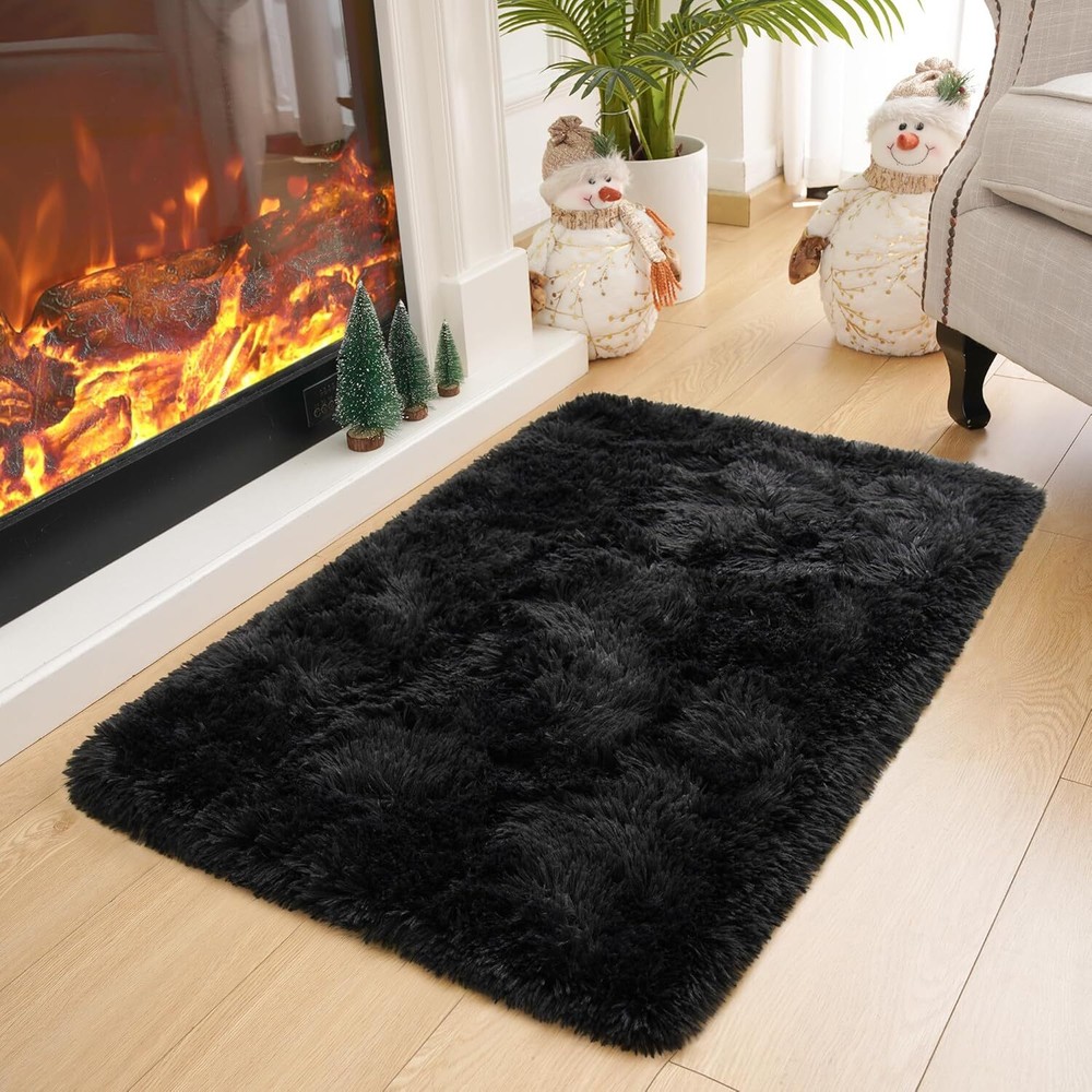 Fluffy Black Shaggy 2x3 Area Rug for Cozy Bedroom Decor