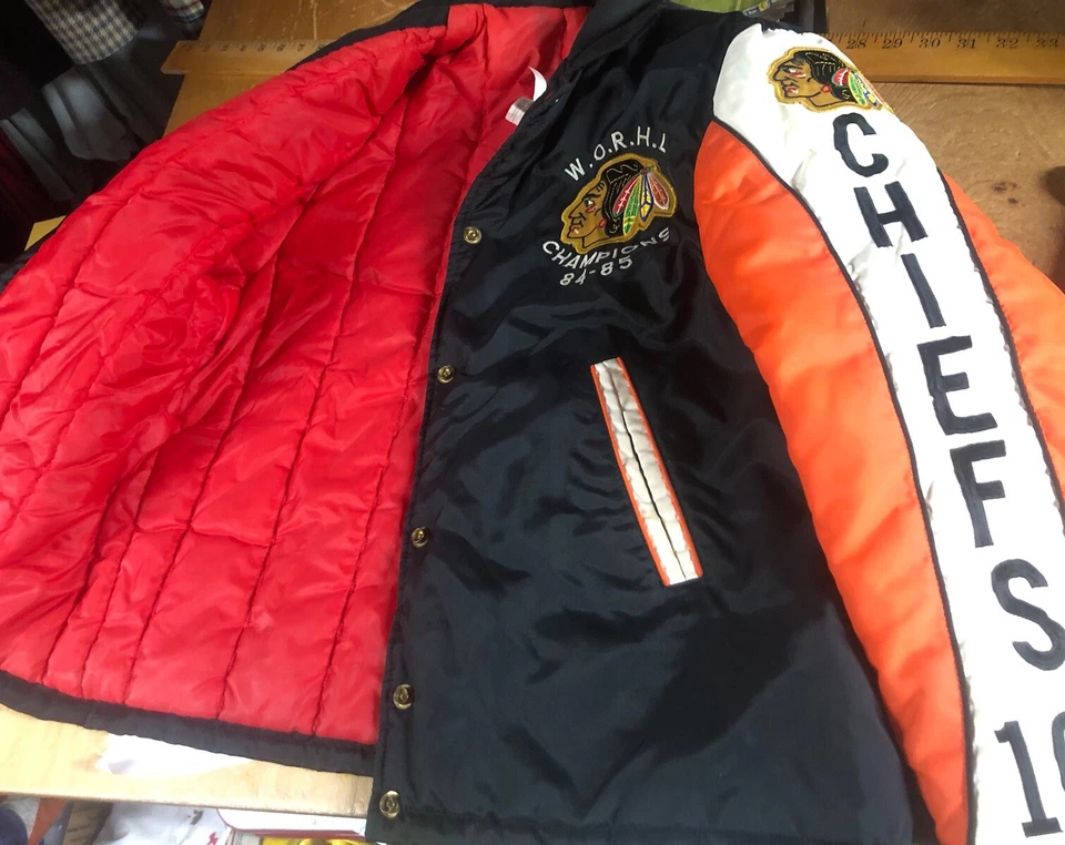 Chaqueta de hockey de ligas menores parche Chicago Blackhawks de colección años 80 AYR Chiefs mujer L Foto 3 de 4