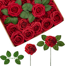 Artificial Flowers, 50 Pcs Dark Red Foam Fake Roses Bulk with Stems for Decorati