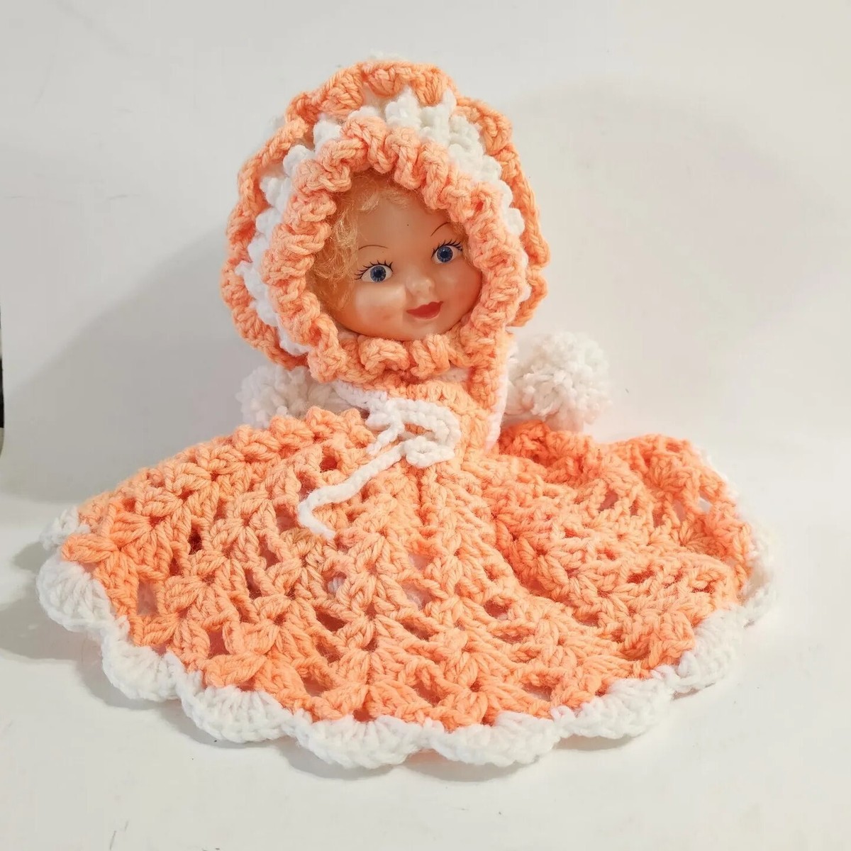 Vintage Vinyl Doll Handmade Crochet Peach Ruffle Dress Bed Shelf Sitter |  eBay