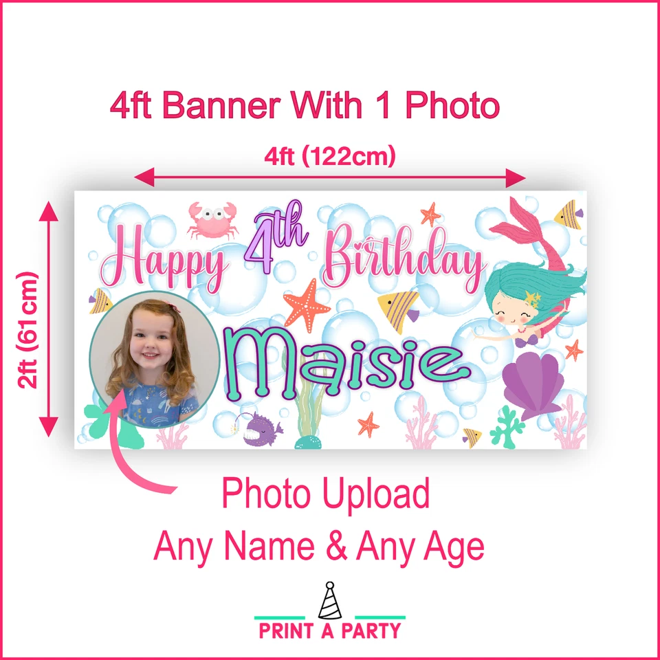 Personalised Mermaid Under The Sea Birthday Banner Photo Backdrop Pink Girls - Image 3 of 4