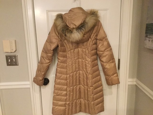 GUESS Women's Faux Fur Trim Hooded Waterproof Puffer Coat Beige/Tan Size Small | eBay