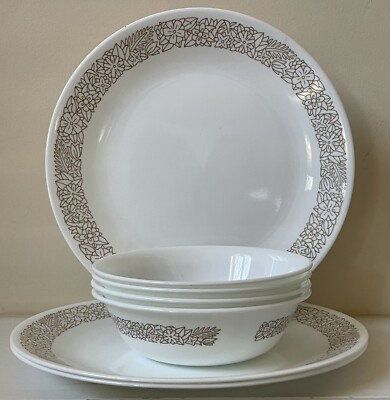 Corelle WOODLAND BROWN  Corning FOUR Cereal Bowls & THREE Dinner Plates 