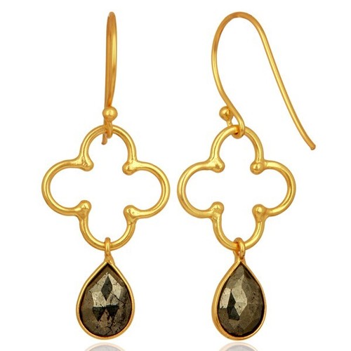Pyrite Dangle 18K Yellow Gold Plated Art Deco Earrings Jewelry For Birthday Gift - Picture 2 of 6