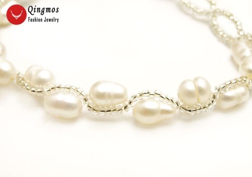 5-6mm White Rice Natural Pearl & Crystal Handwork Weave Bracelet for Women br427 - Picture 2 of 6