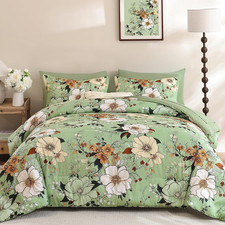 Queen 7 Piece Floral Comforter Set Sage Green Boho Bed in a Bag 90x90