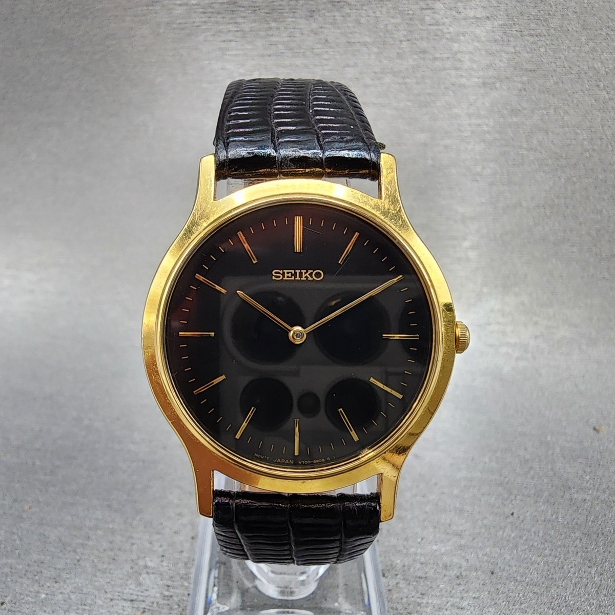 Seiko Watch Men 34mm Black Dial Gold Tone Round V700-8A10 Leather