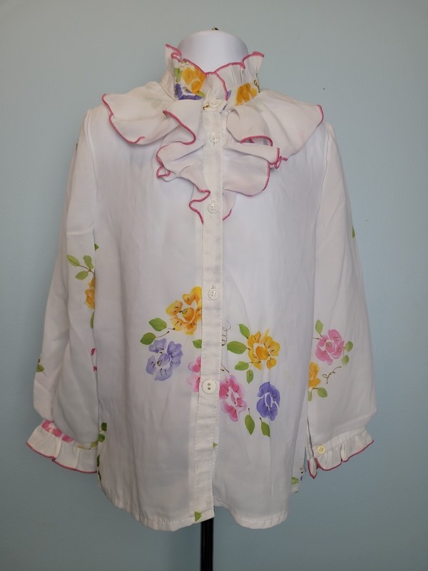 Vintage Korean Girl's White Blouse Floral Ruffle Size 5-6