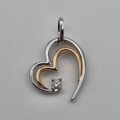 14K bicolor Weiß & Gelbgold natürlicher Diamant Akzent Doppel Herz Anhänger