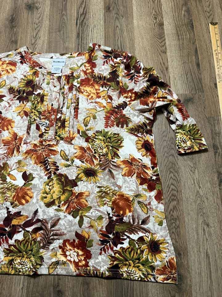 Blusa Bon Worth, Para Mujer XL Marrón Rojo Naranja Verde Floral Manga 3/4 Botón 1/4 Foto 4 de 4