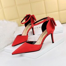 Women Pointed Toe Ankle Strap Thin High Heel with Bow Stiletto Party Dress Shoes