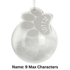 Image of Personalised Pets White Feather Glass Bauble With Paw Print Tag