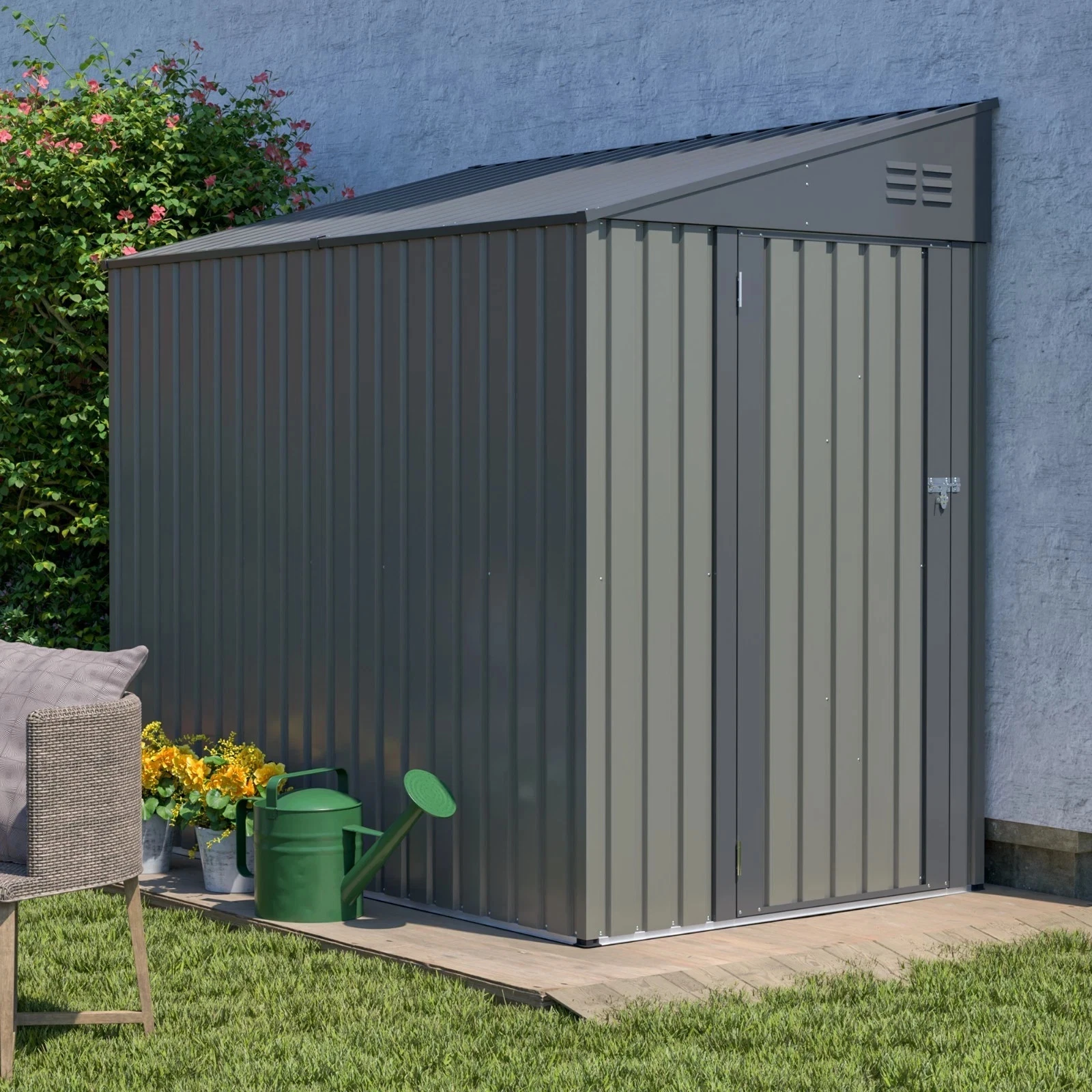 スチール製グレー バースツール 4 x 7 FT Metal Outdoor Storage Shed, Garden Tool Shed, with
