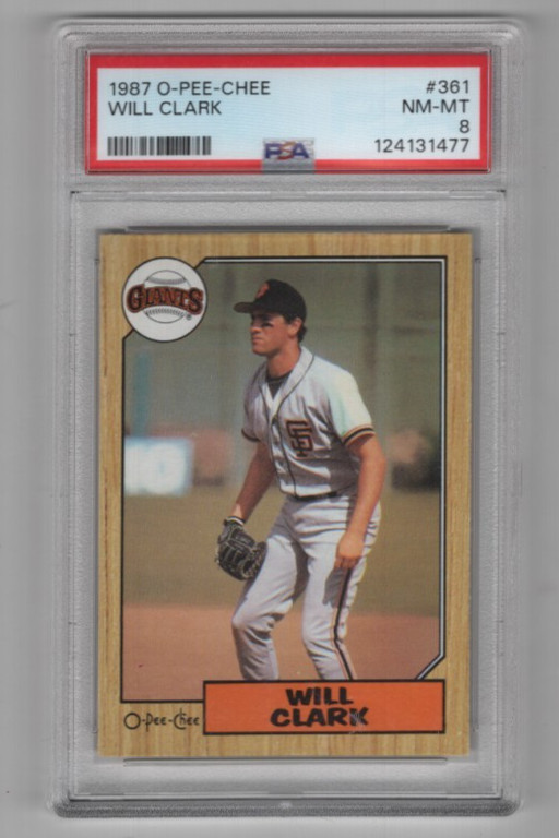 WILL CLARK 1987 O-PEE-CHEE BASEBALL ROOKIE CARD #361 PSA 8 NM-MT GIANTS CANADA