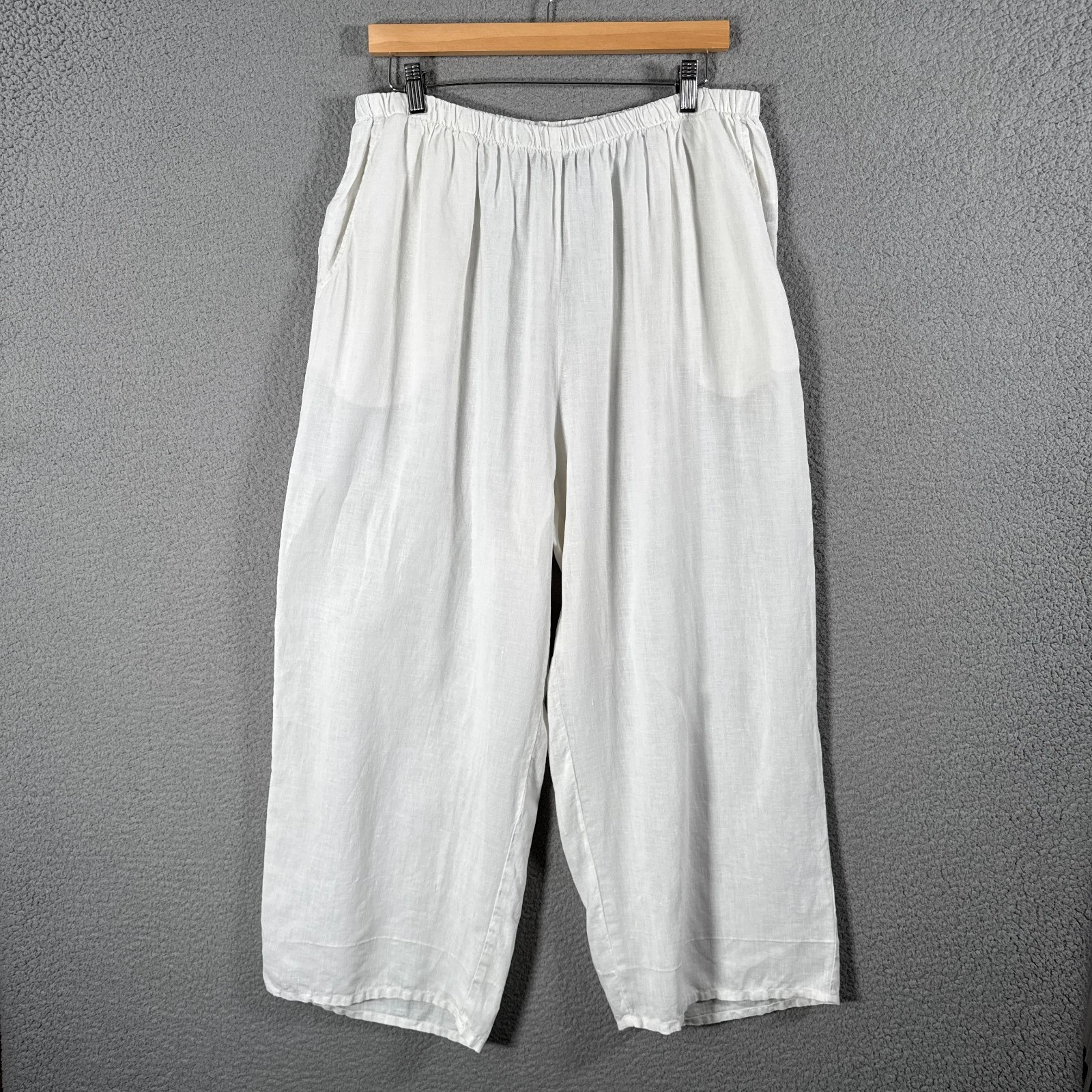 FLAX Pants Women Large White Linen Cropped Capri Elastic Waist Pockets 25 Inseam