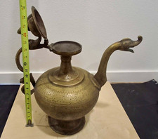 Handmade Folklore Engraved Brass Middle Eastern Ewer & Hinged Lid & Scribed Ivy