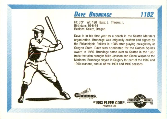 1993 Calgary Cannons Fleer/ProCards #1182 Dave Brundage Coach Salem Oregon Card - Image 2 of 2