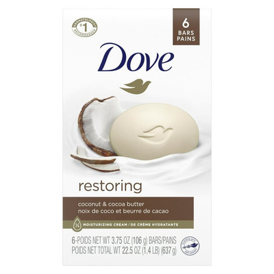 Dove Beauty Bar Soap Restoring Coconut & Cocoa Butter 6 Ct for Restored Skin, No