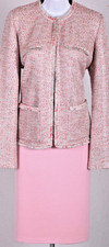 ST.JOHN Women's Knit Pink Red Silver Multicolor Shimmer Trim Jacket Skirt Sz 12
