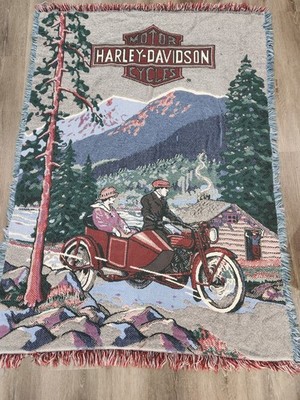 Harley Davidson Tapestry Throw Blanket Antique Motorcycle  Rare - Some Snags