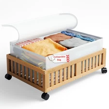 Bamboo (Wooden-Style) Under Bed Storage with Wheels and Lid - Decorative Wood...