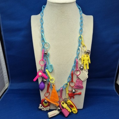 Retro 1980s Plastic Bell Clip On Vintage 80's Charm Necklace w 12