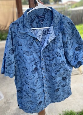 Croft & Barrow Stretch Fish Print Button-Up Shirt Blue XL Short Sleeve