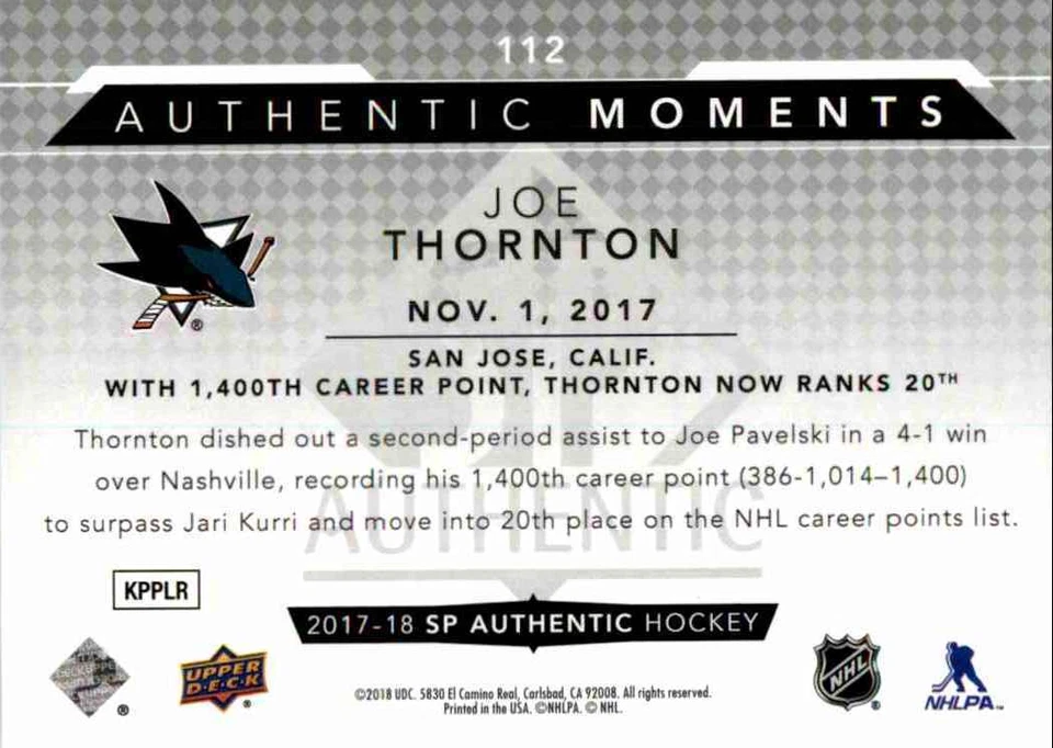 2017-18 Upper Deck SP Authentic Authentic Moments Joe Thornton #112 - Image 2 of 2