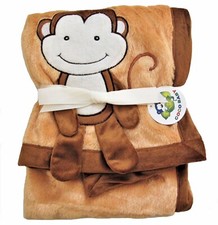 Soft Baby Boy Blanket - Embroidered Monkey Design, Solid Brown, 40"x30"