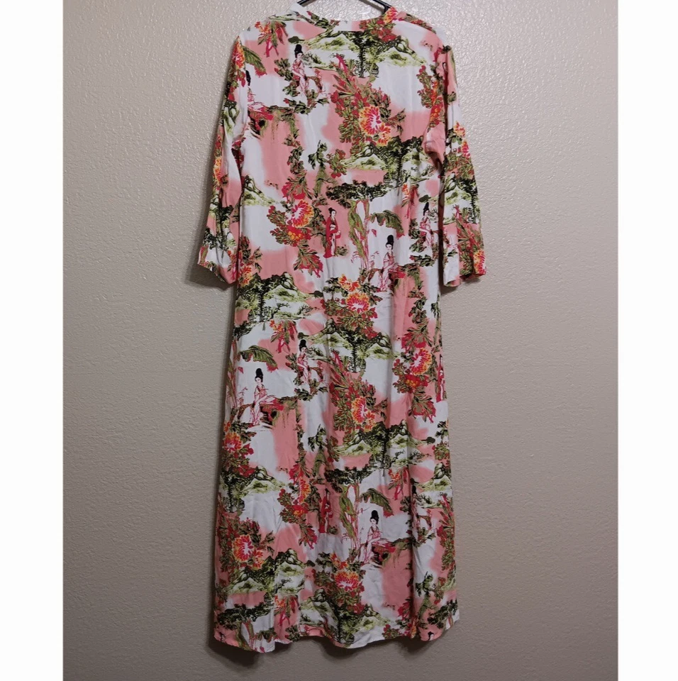 Camisón Natori S Blanco Rosa Verde Estampado Floral Geisha Largo Completo Bolsillos Foto 3 de 4