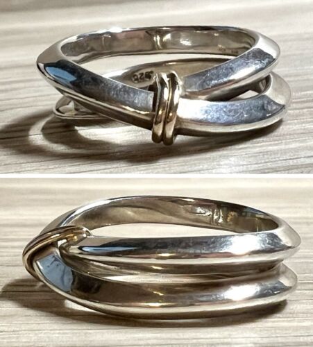Gold Crossover Modernist Ring, Size 7 Vintage Designer Signed Sterling Silver &