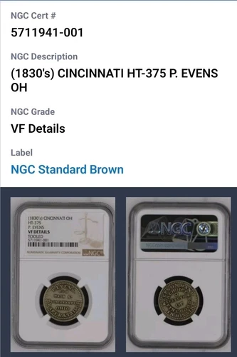 (1830’s) HT-375 Cincinnati OH P. Evens Hard Times Token NGC VF DETAILS. CB1140