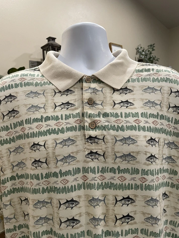 Summa Men's Short Sleeve Hawaiian Polo Shirt Fish Size XL , Cream, Green, Black - Image 2 of 4