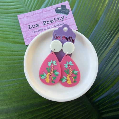 Earrings Dangle Stud Exotic Pink Jungle - Picture 2 of 6