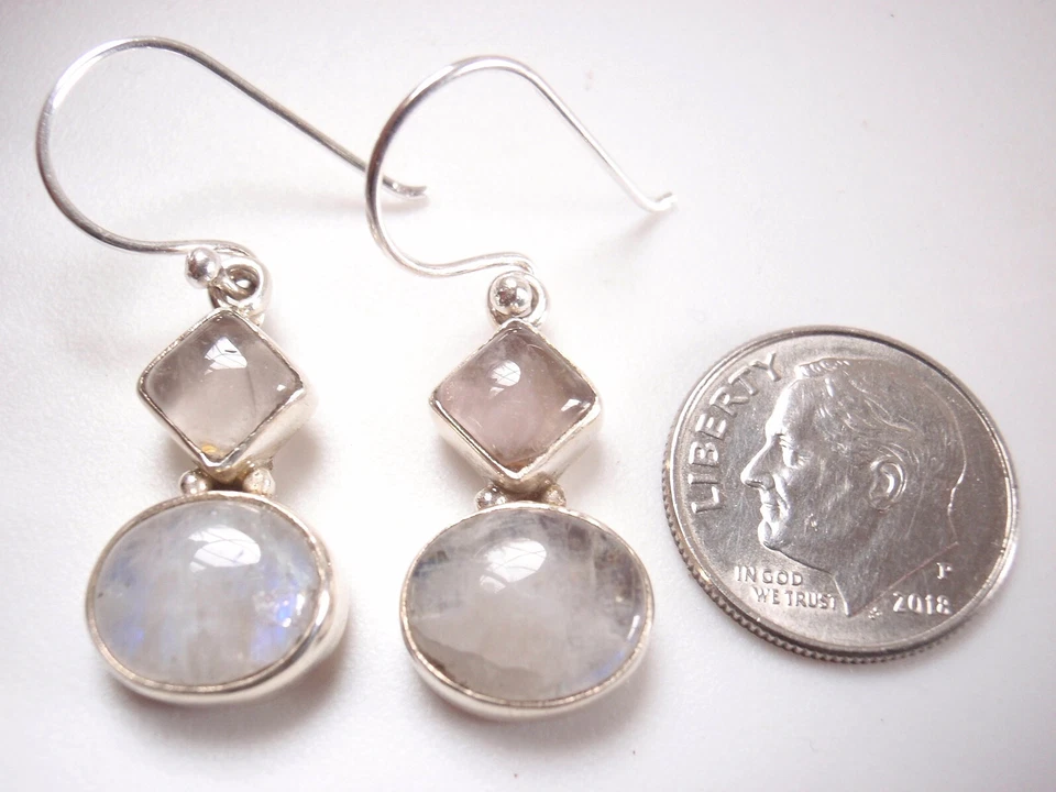 Pendientes colgantes de plata de ley 925 con piedra lunar y cuarzo rosa reciben el artículo exacto Foto 2 de 2