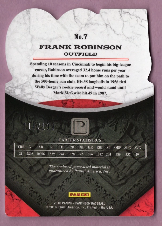 2016 PANINI PANTHEON #7 FRANK ROBINSON #D /199 GAME USED JERSEY CINCINNATI REDS - Image 2 of 3