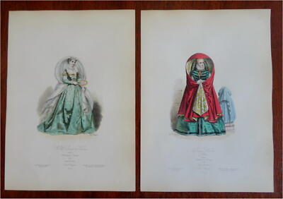 Antwerp & Venice Noblewomen 1840-60 Lot x 2 lovely hand color costume prints