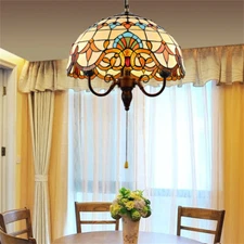 Victorian Stained Glass Hanging Light with Pull Chain Dome Shade Ceiling Lamp