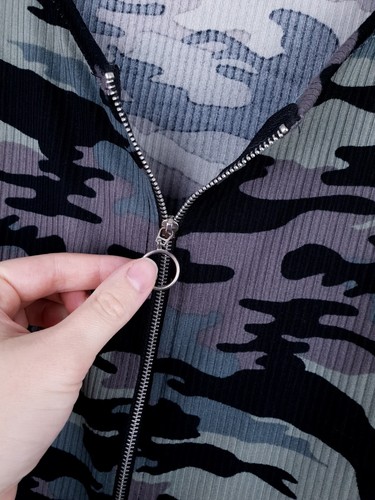 Camo Top Size M Zip Front Evening Party Casual Fitted Cropped Short Sleeve - Picture 4 of 6