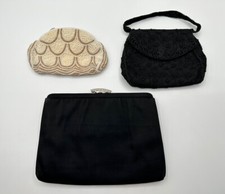 Lot of 3 Vintage Evening Purses Handbags Beaded Black Tan Ivory Rhinestones