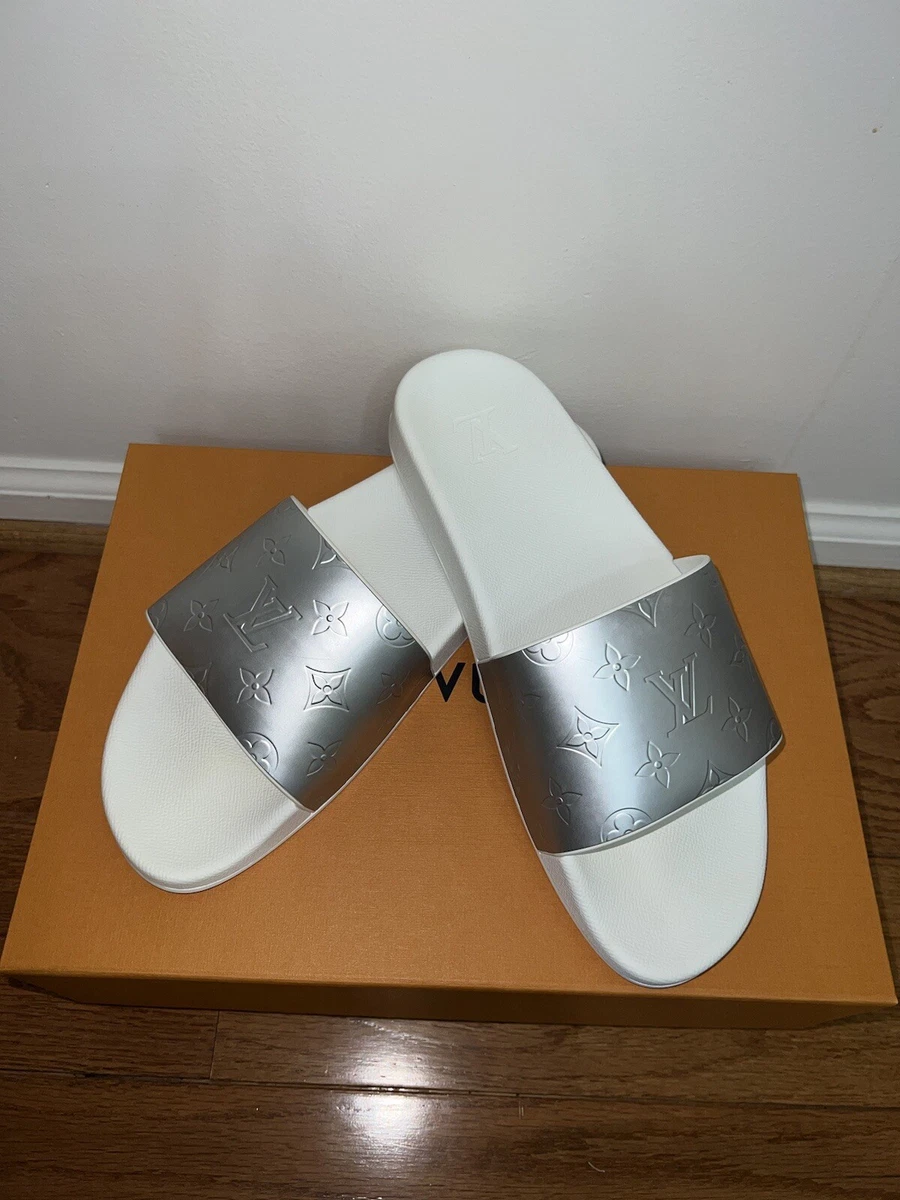 Louis Vuitton White and Blue Metallic Waterfront Mule Slides