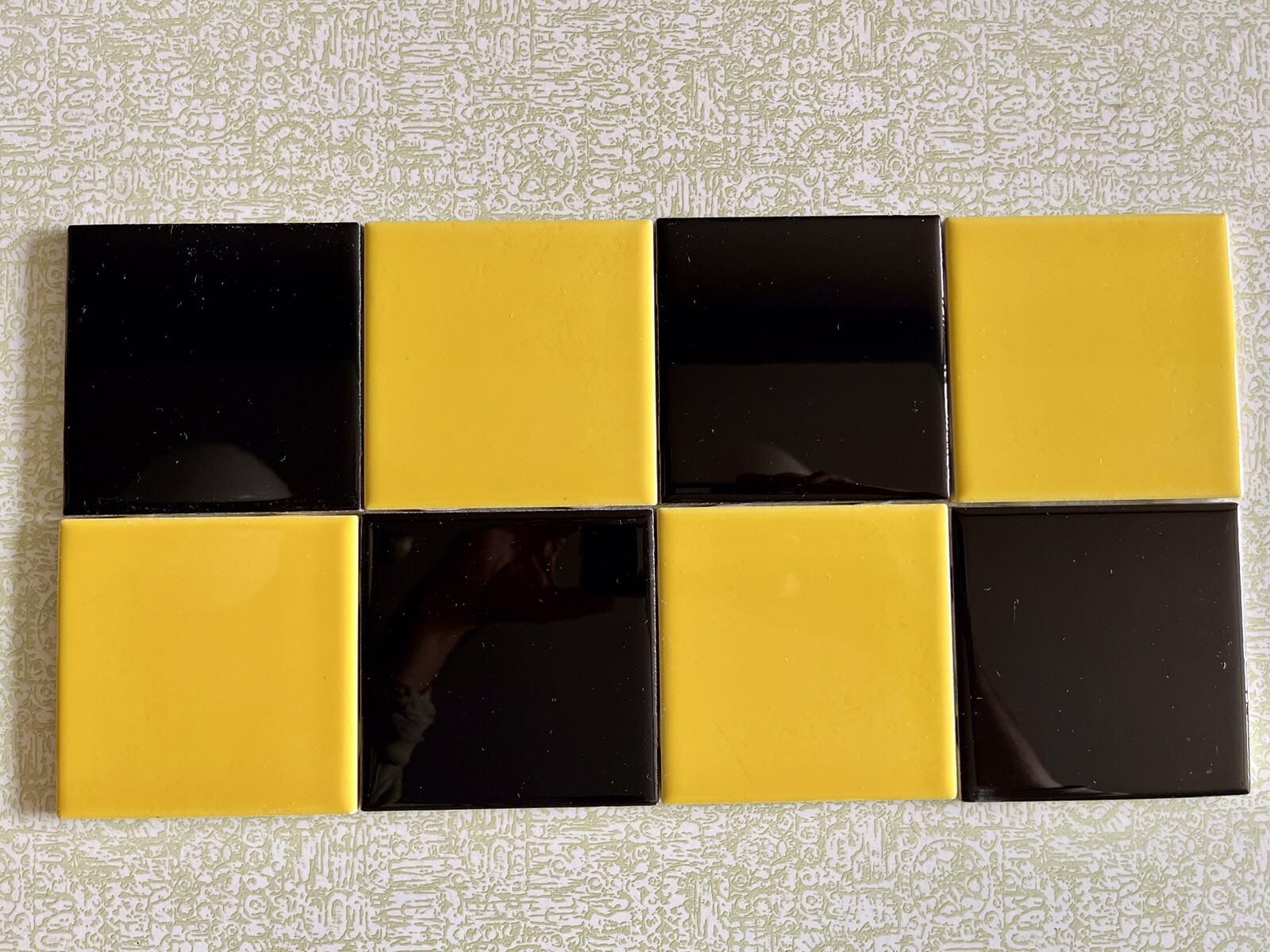 8 pcs Ceramic Gloss Glazed  Black/Yellow Block Tile,  Mexico 4.25x4.25 Art
