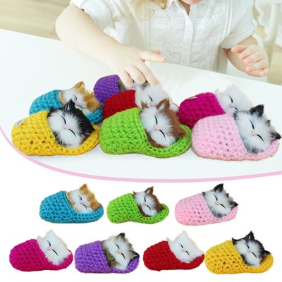 Cute Sleeping Cat Slippers Plush Toy Sounding Simulation Decor Kids Gift Dolls